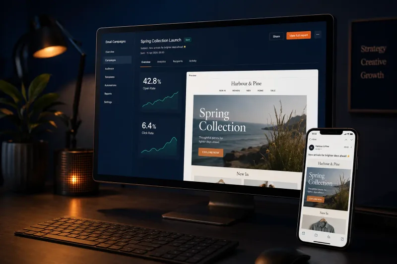 Harbour and Pine email marketing campaign displayed responsively on desktop and mobile with campaign analytics
