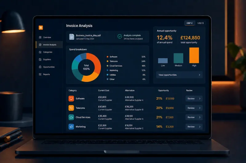 KlikSavings business invoice analysis and supplier cost comparison dashboard